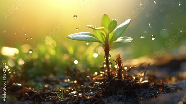 Fototapeta sapling growing up with soil and dew and morning light. little tree  growth and water drop as fresh felling for beginning or start up concept. generative AI