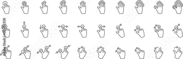 Fototapeta Hand gesture icon set of various shapesIncluded icons as fingers interaction, pinky swear, forefinger point, greeting, pinch, hand washing and more. Vector illustration