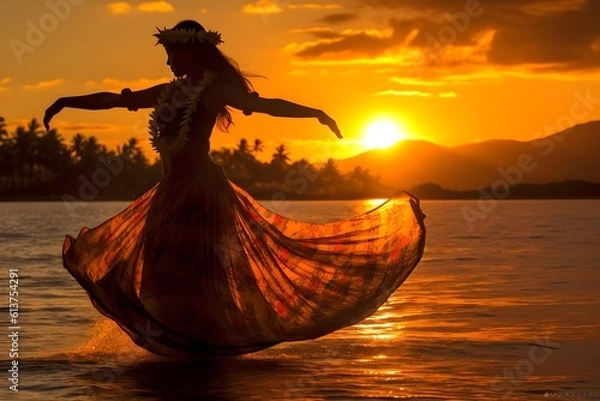 Obraz 夕日が差すビーチで踊るフラガール with generative ai