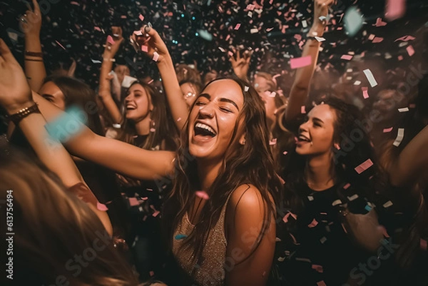 Obraz Girl teen celebrating and dancing exuberantly at party or at concert - theme youth, celebrating, having fun - Generative AI