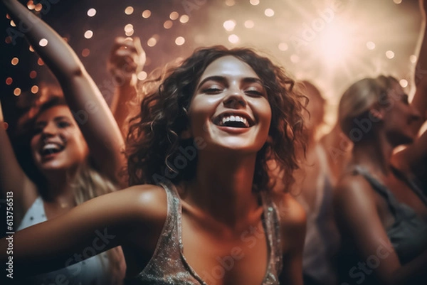 Obraz Girl teen celebrating and dancing exuberantly at party or at concert - theme youth, celebrating, having fun - Generative AI
