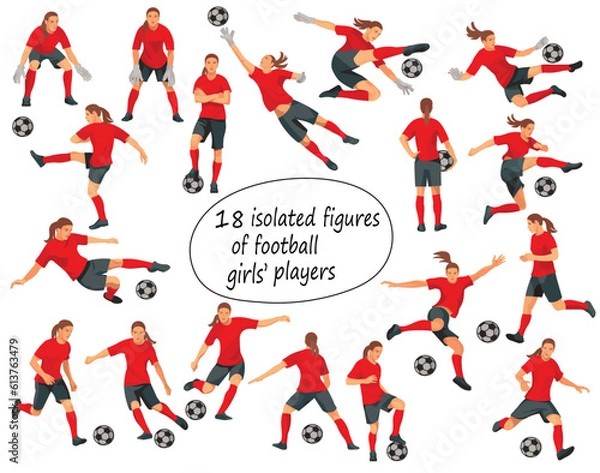 Obraz 18 girl figures of women's football players and goalkeepers in red uniforms standing in the goal, running, hitting the ball, jumping