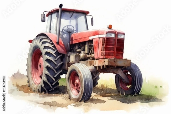 Fototapeta Tractor on the field, digital watercolor painting, isolated on white background