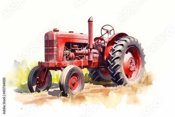 Fototapeta Watercolor illustration of an old red tractor in the field on a white background