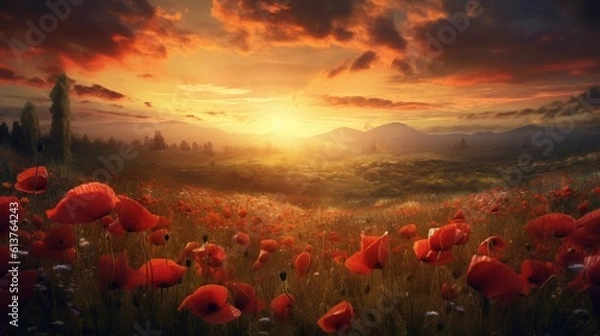 Fototapeta Beautiful sunset over a field of red poppies.