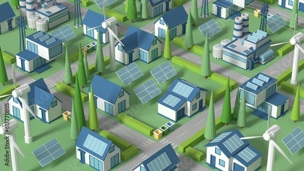 Obraz Solar-powered homes, ecology is an energy-saving concept for getting free energy from the sun. Eco-friendly smart city, 3d rendering.