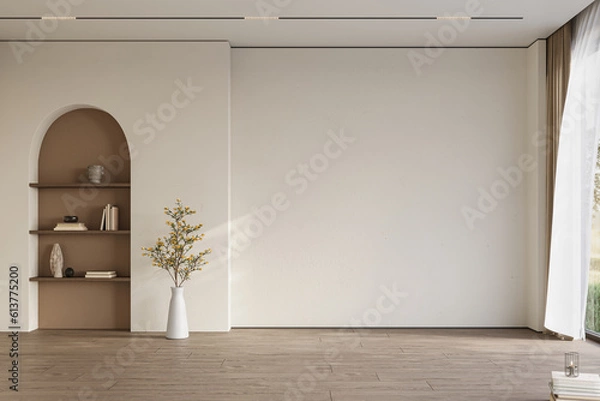 Fototapeta Cozy home interior in light pastel colors with hardwood flooring and arch wall, 3d rendering