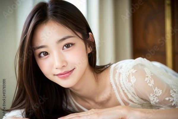 Obraz 笑顔でカメラ目線のロングヘアの日本人女性(美人モデル)