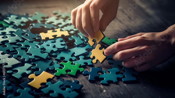 Fototapeta Finding a Solution. Providing a solution to a difficult or complex problem. Solving a very difficult, complicated jigsaw puzzle. Solution, matching, integration concept