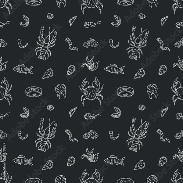 Fototapeta  Seamless seafood pattern. Drawn seafood background