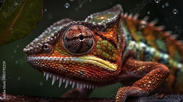 Fototapeta Close up of an Chameleons in rainy weather, generative ai