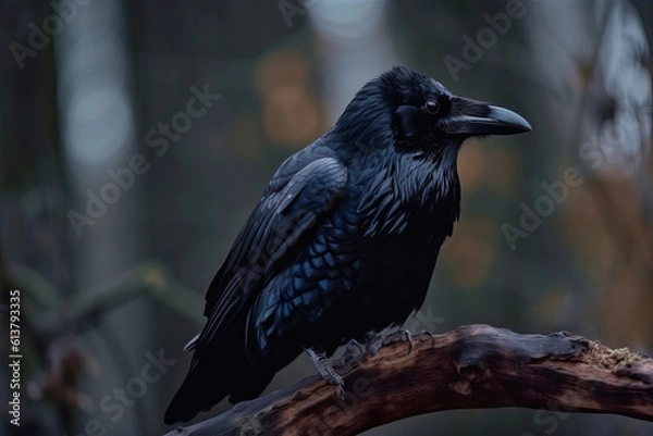 Fototapeta raven on a branch,gloomy magical forest on an oak branch a raven is sitting,crow on a tree