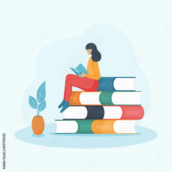 Obraz Young woman sitting on pile of books reading. Student study in library. Book therapy. World book reading day flat vector illustration