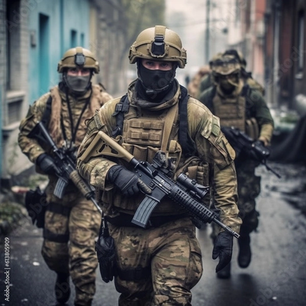 Fototapeta Soldiers with full combat gear in the battlefield, AI generated