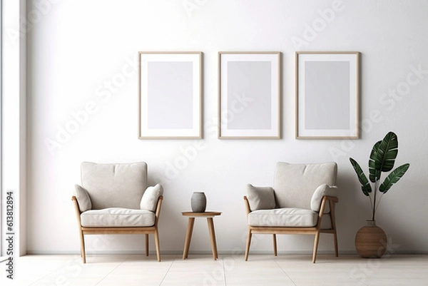 Fototapeta Blank picture frame mockup on gray wall. White living room design. generative AI	
