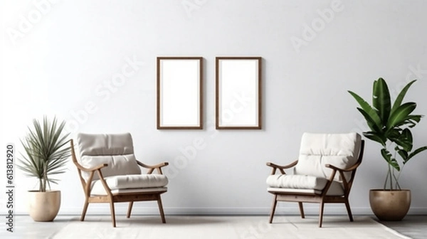 Fototapeta Blank picture frame mockup on gray wall. White living room design. generative AI	

