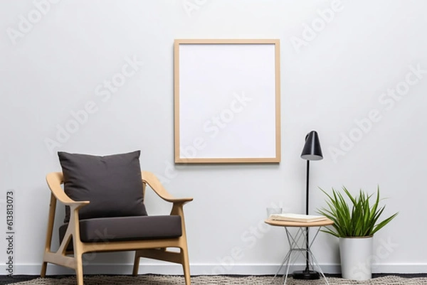 Fototapeta Blank picture frame mockup on gray wall. White living room design. generative AI	
