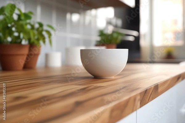 Fototapeta Wooden White Podium Countertop On Blurry Modern Kitchen, Closeup. Generative AI