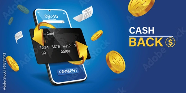 Obraz Mobile cash back service, financial payment Smartphone mobile screen, technology mobile display light. Vector illustration.Cash back, money saving vector concept with dollar coins, wallet, arrows.