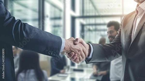 Obraz Men shaking hands, completing a successful business partnership deal, professional handshake, Generative AI