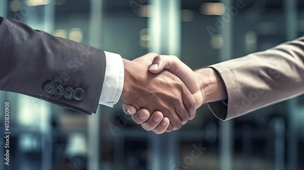 Obraz Men shaking hands, completing a successful business partnership deal, professional handshake, Generative AI
