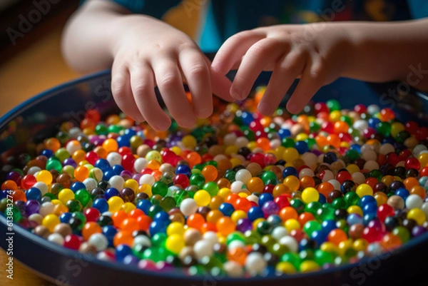 Fototapeta close-up of the hands of a child playing with multi-colored sensory balls for the development of fine motor skills, toys for children with autism generative ai