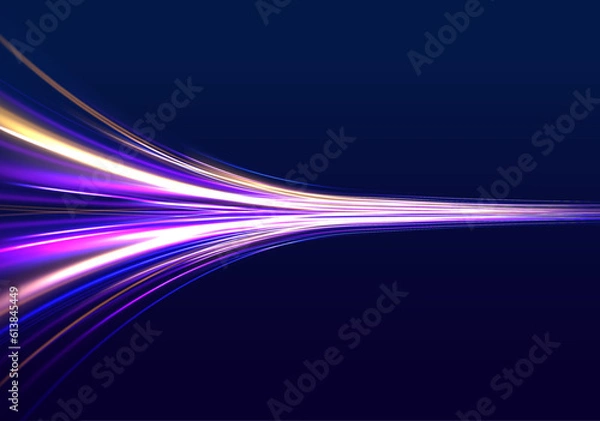 Fototapeta Dynamic composition of bright lines forming lights track of speed movement. Movement sport pattern for banner or poster design background.	