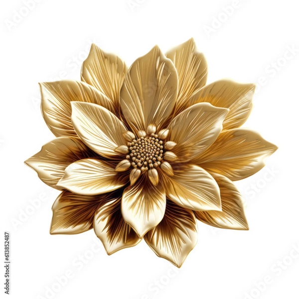 Fototapeta Golden metallic 3d flower isolated on white. Single luxury gold floral element. Generative AI.
