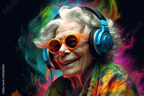 Fototapeta Elderly woman listens to music with headphones. Deep, bright colors, multicolored background. Generative AI