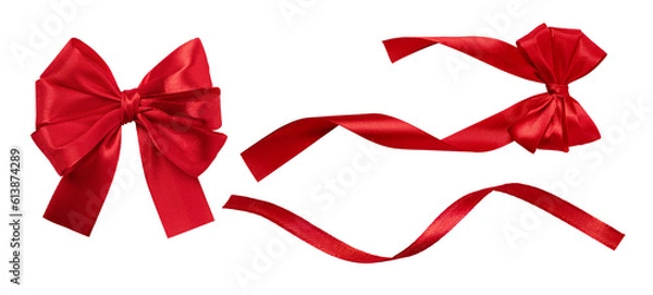 Fototapeta Set of red silk tied bow and wavy red ribbon for gift package decoration. Tied bow and red ribbon isolated on transparent background.