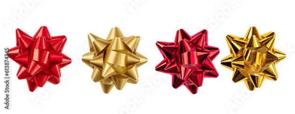 Fototapeta Set of red and golden bows isolated on transparent background. Paper tied bow for design.