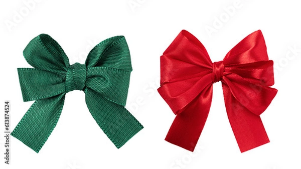 Obraz Green and red tied bow for gift package decoration isolated on transparent background. Set of ribbon tied bow as an element for your design.