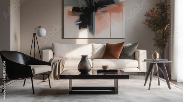 Fototapeta Stylish Interior with an Abstract Mockup Frame Poster, Modern interior design, 3D render, 3D illustration