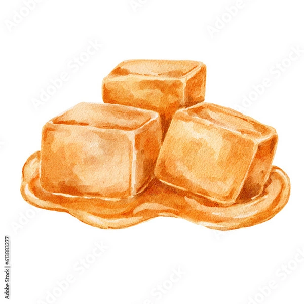 Obraz Melting caramel cubes food illustration.
