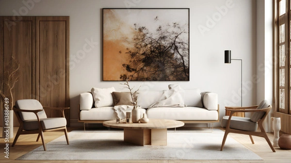Fototapeta Stylish Interior with an Abstract Mockup Frame Poster, Modern interior design, 3D render, 3D illustration