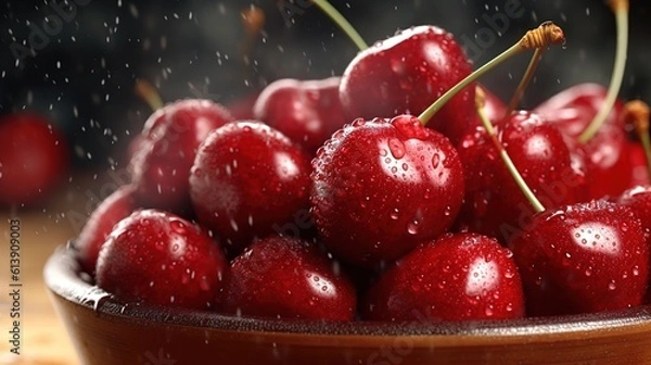 Fototapeta   A bowl full of fresh sweet cherries is created by artificial intelligence.