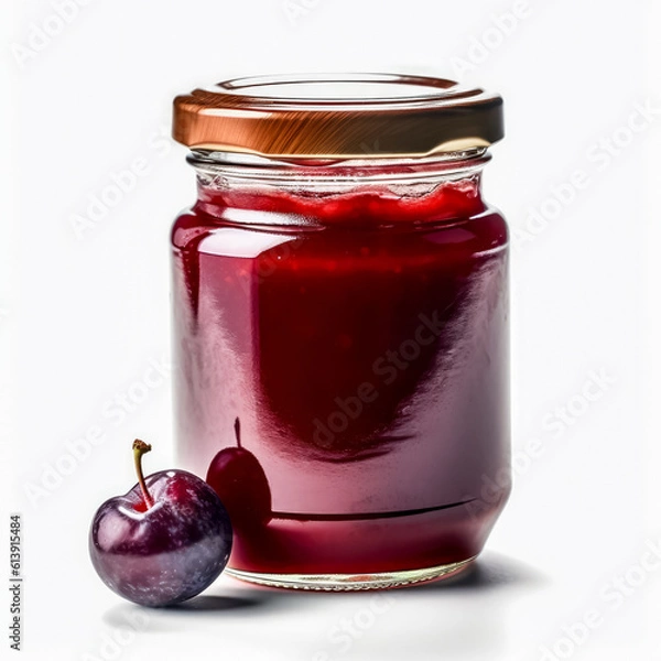 Fototapeta Jar of homemade plum jam isolated on white background, generative AI