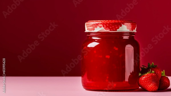 Fototapeta Jar of homemade strawberry jam isolated on solid background, copy space, generative AI