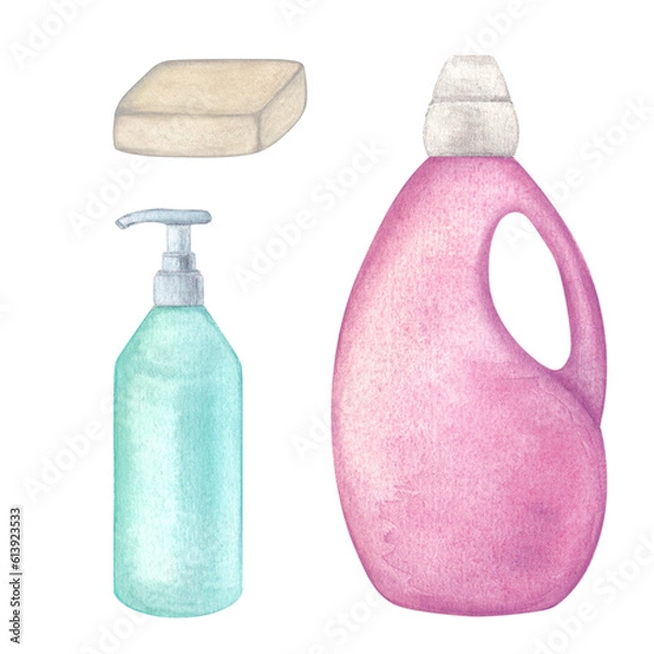 Fototapeta Laundry. Set of illustration of washing gel, powder, soap. Watercolor illustration on a white background. Hand-drawn. For postcards