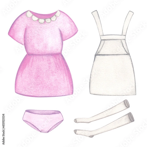 Fototapeta Laundry. Set of illustration of clothes, dress and apron, stockings and underpants. Watercolor on a white background. Hand-drawn. For postcards