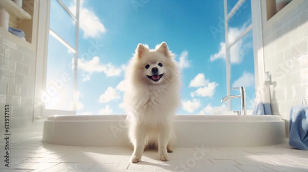 Fototapeta White fluffy Pomeranian dog in the bathroom with bright sky with fluffy clouds behind, Generative AI