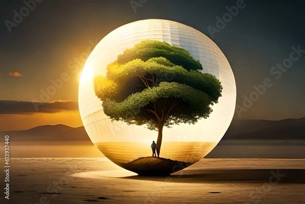 Fototapeta Glass globe covering tree with desert environment 01. Generative AI