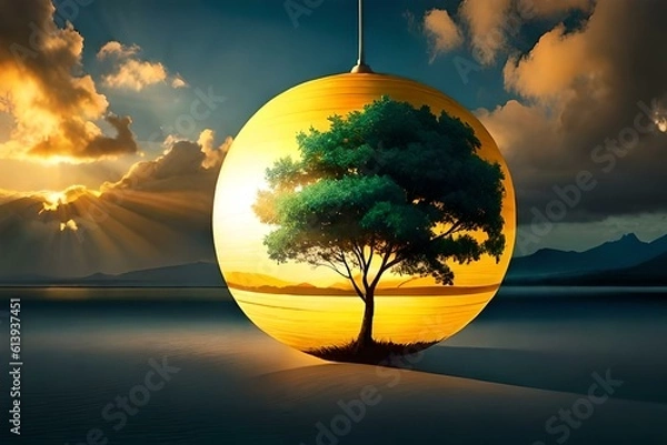Obraz Glass globe covering tree with desert environment 02. Generative AI