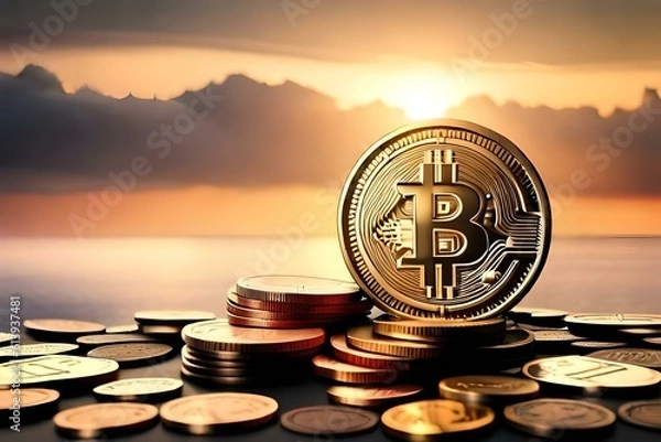 Obraz bitcoin money coins, concept saving money for investment ,financial plan. Generative AI