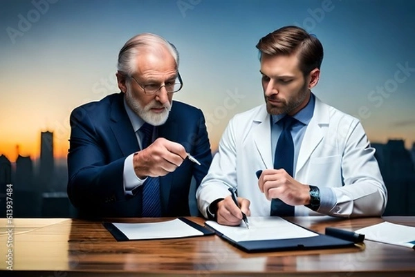 Obraz buisness man with agent sitting at a desk and doing paperwork in office 03. Generative AI