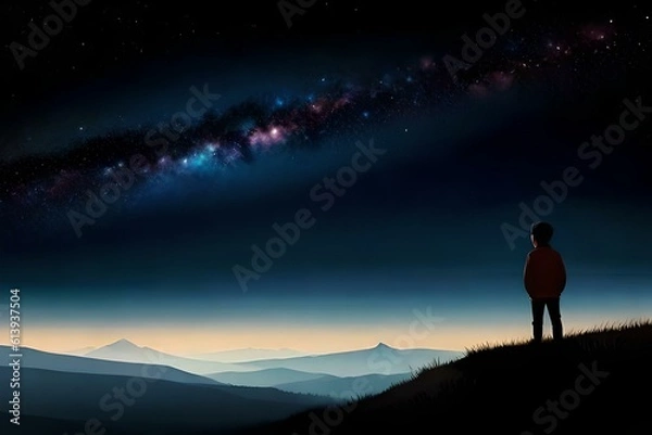 Obraz illustration of a boy looking at the stars 06. Generative AI