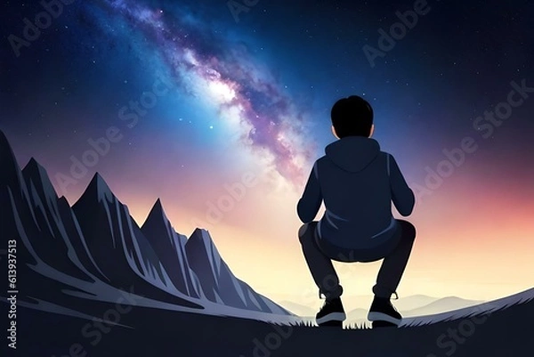 Obraz illustration of a boy looking at the stars 01. Generative AI