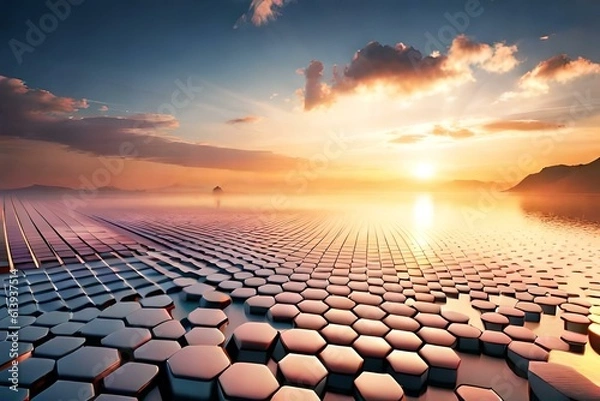 Obraz sci-fi abstract background with hexagons, sunset and mountains 05. Generative AI