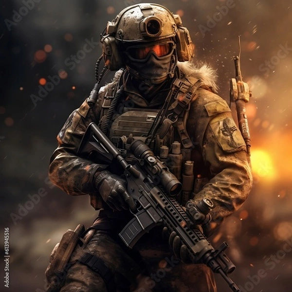 Fototapeta Army Commando with a Rifle - Generative AI