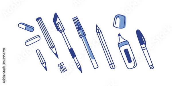 Fototapeta Vector set of stationery items. Doodle style. Tools composition. Pencil, pen, marker and other.